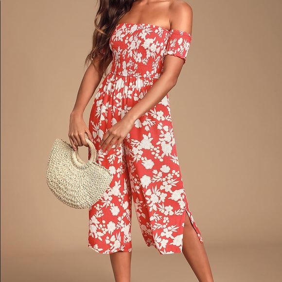 Lulu's Pants - Lulus Red Floral Print Culotte Jumpsuit